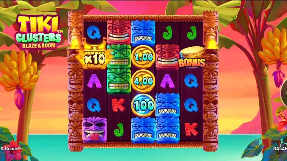 Interface do jogo Tiki Clusters Blaze & Boom com temática tropical e máscaras Tiki