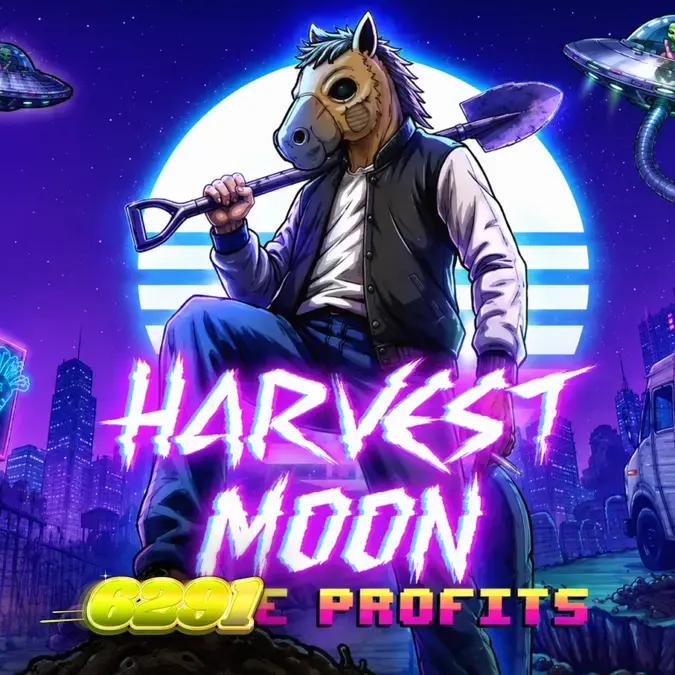 Captura de tela do jogo Harvest Moon Grave Profits, mostrando uma grade de 5x4 rolos com símbolos de body horror e Wilds em um laboratório macabro à luz da lua.